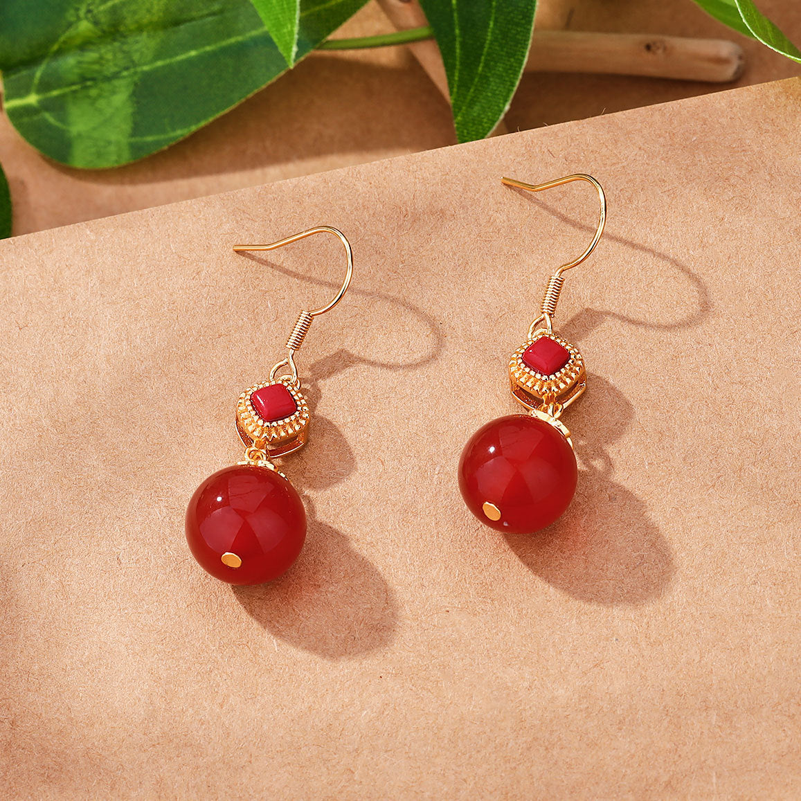 Southern Red Agate Round Beads S925 Silver Inlaid Jasper Graceful Personality Simple Earrings
