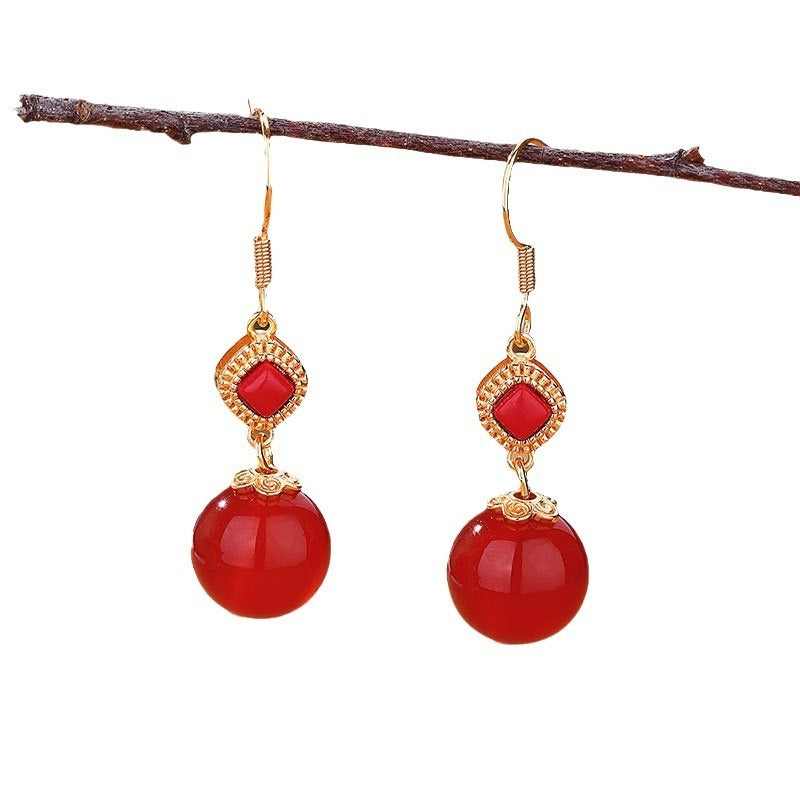Southern Red Agate Round Beads S925 Silver Inlaid Jasper Graceful Personality Simple Earrings