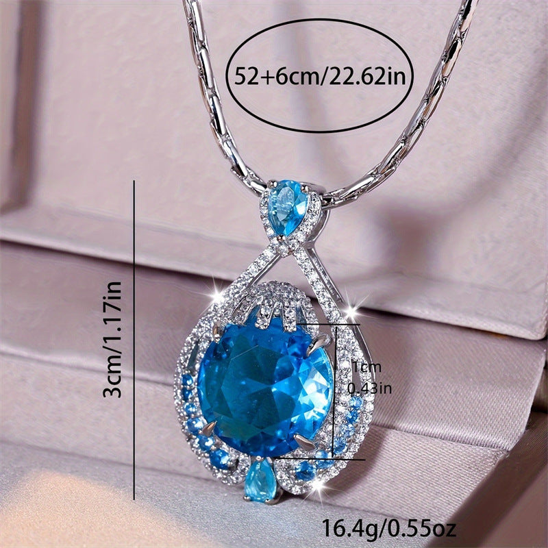 Simple Stylish Pendant Women's Bright Fireworks Cut Big Gram Blue Colored Gems Necklace