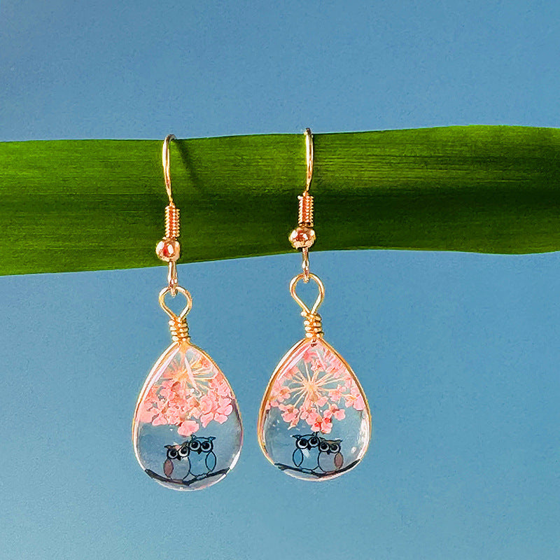 Water Drop-shaped Glass Eardrops Bird Language And Flower Fragrance Owl