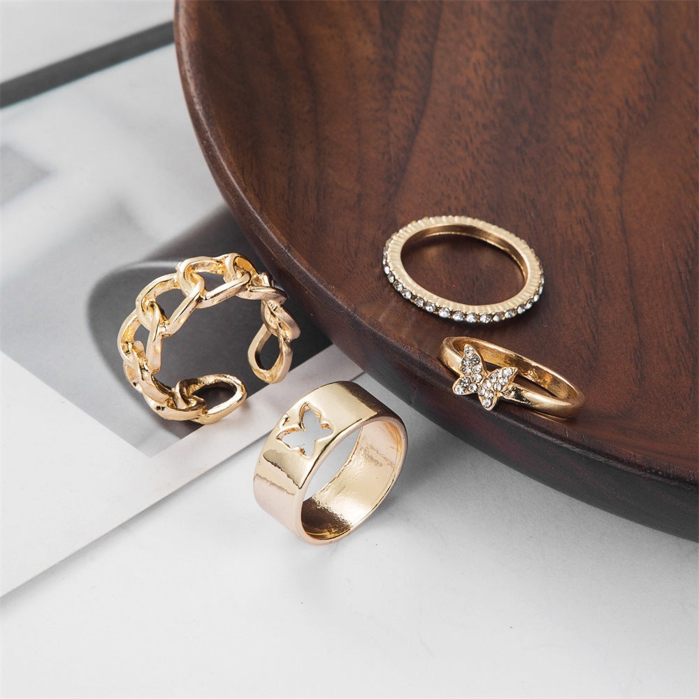 Creative Retro Full Diamond Butterfly Hollow Ring Suit