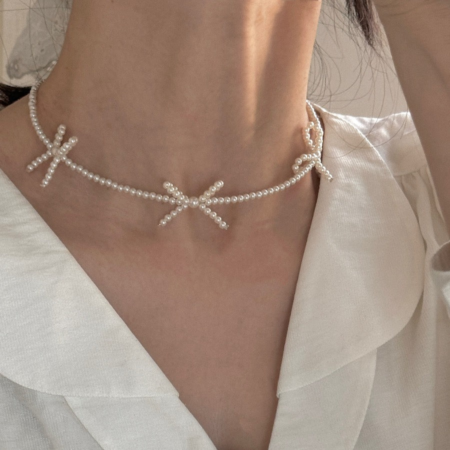 Sweet Bow Pearl Necklace Women's Simple Design Clavicle Chain