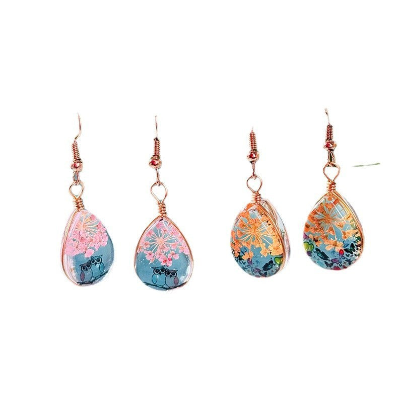 Water Drop-shaped Glass Eardrops Bird Language And Flower Fragrance Owl