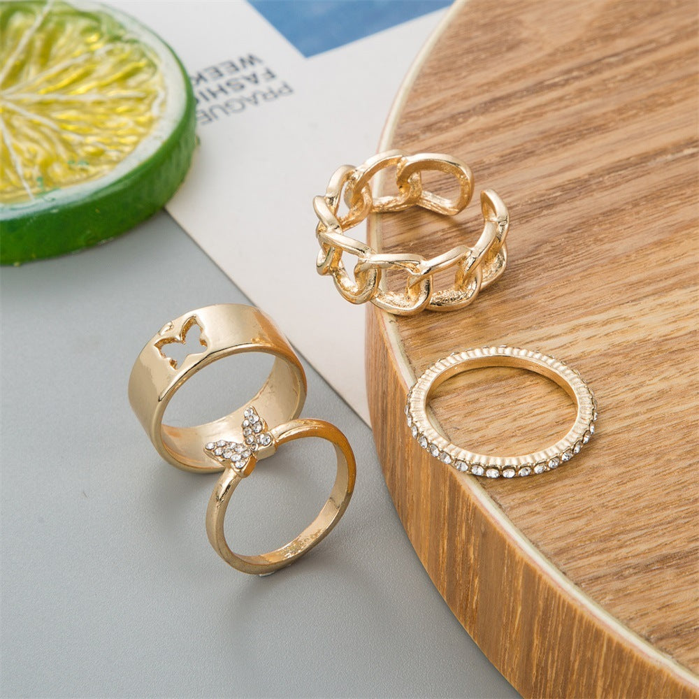 Creative Retro Full Diamond Butterfly Hollow Ring Suit