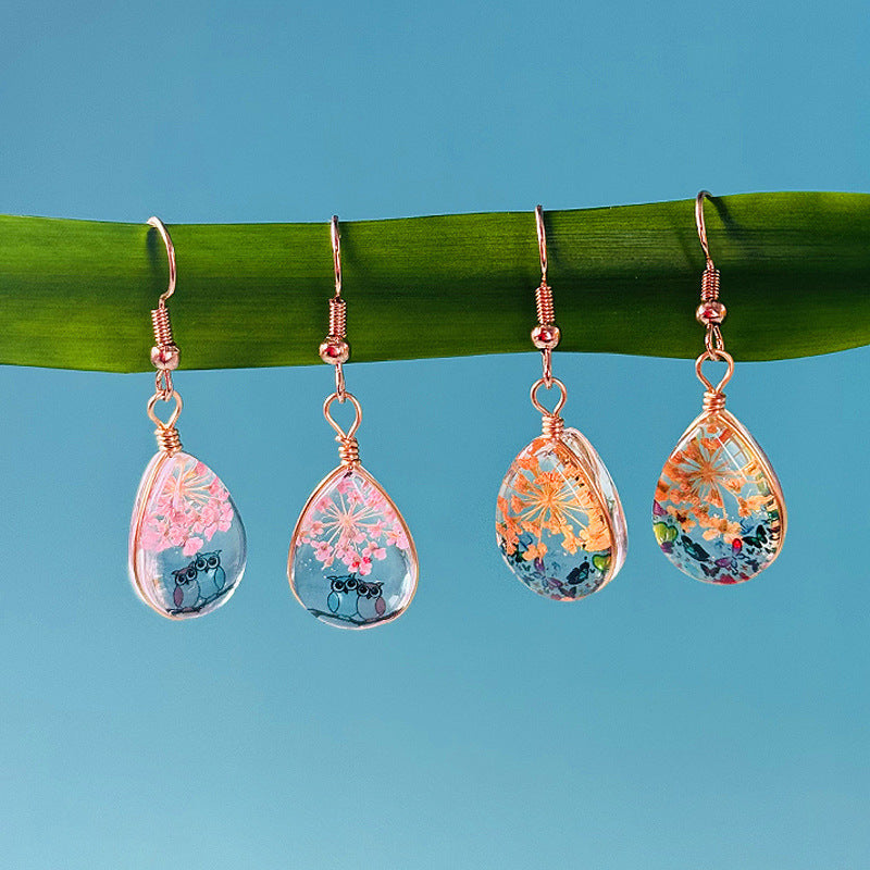 Water Drop-shaped Glass Eardrops Bird Language And Flower Fragrance Owl