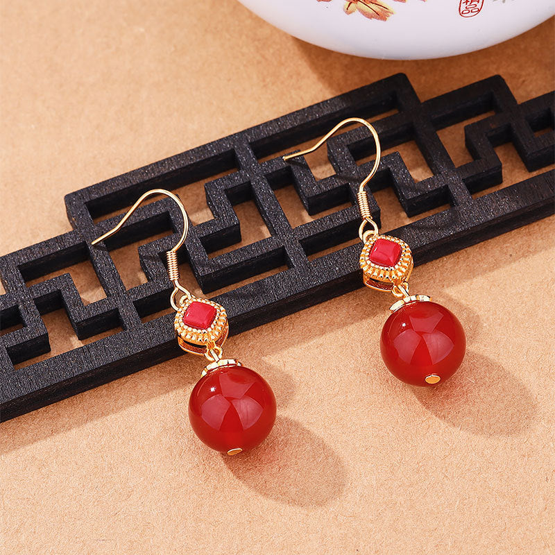 Southern Red Agate Round Beads S925 Silver Inlaid Jasper Graceful Personality Simple Earrings
