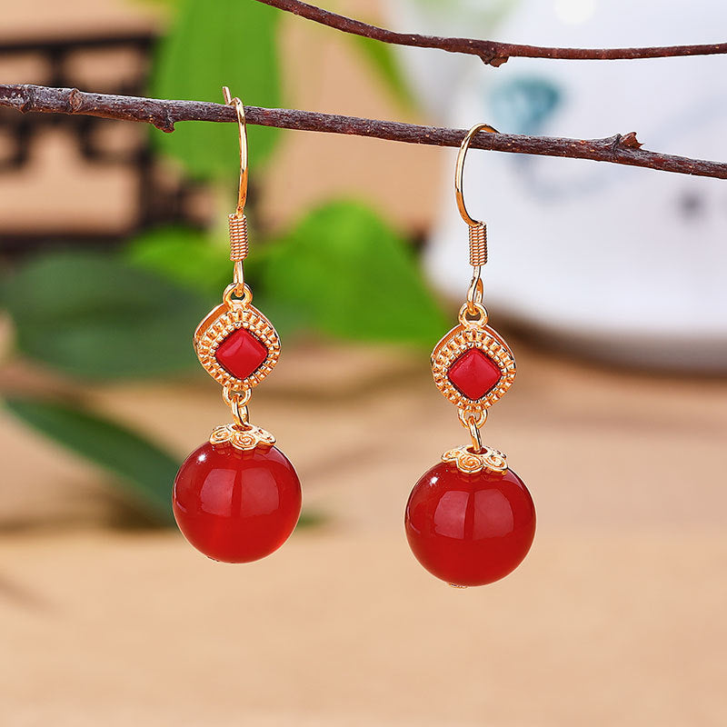 Southern Red Agate Round Beads S925 Silver Inlaid Jasper Graceful Personality Simple Earrings