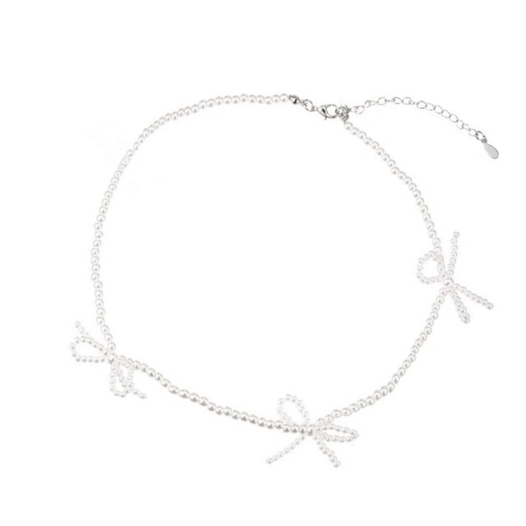 Sweet Bow Pearl Necklace Women's Simple Design Clavicle Chain