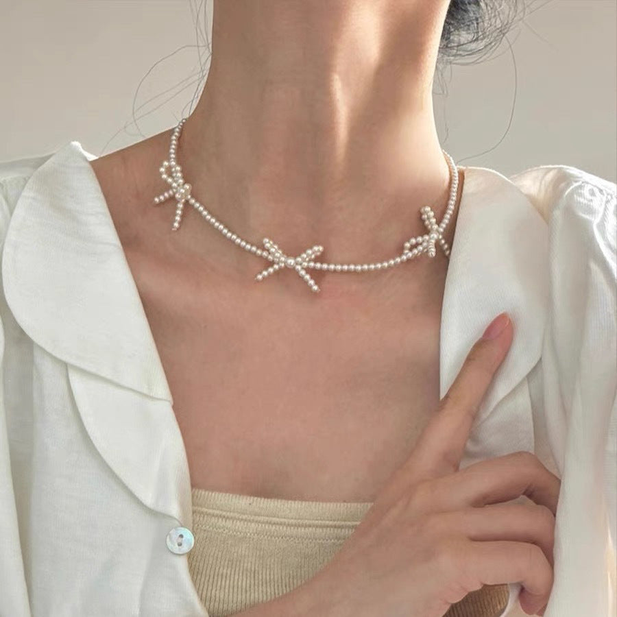 Sweet Bow Pearl Necklace Women's Simple Design Clavicle Chain